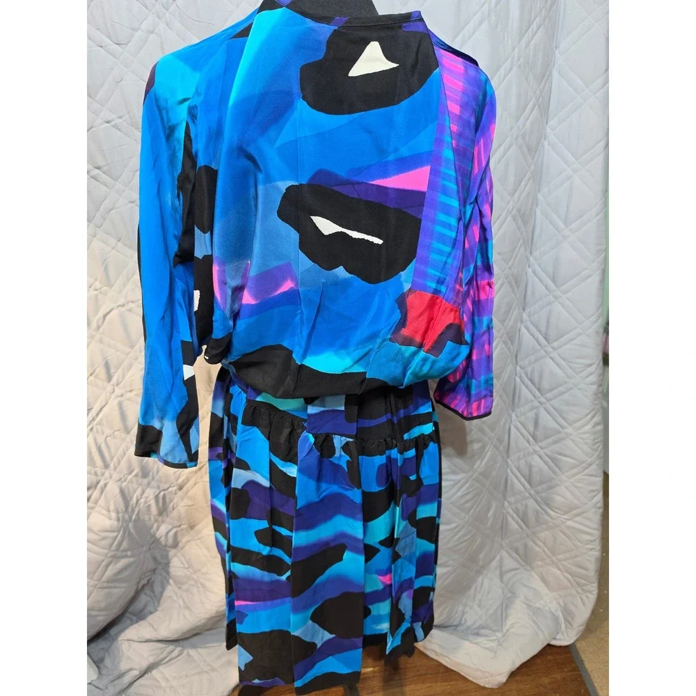 Vtg 80s Babacho for Nicole Hand Painted Silk Dress & Matching Scarf Set Art